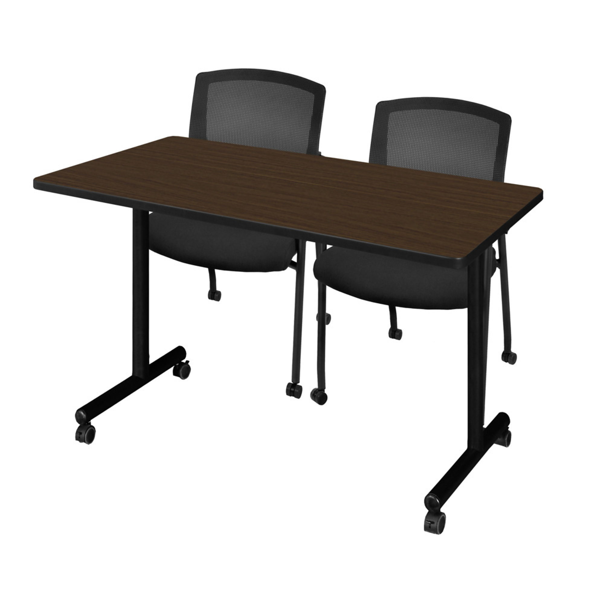 Regency Kobe Mobile Training Seminar Table with 2 Knight Mesh Chairs — 48in. x 24in., Neo Walnut, Model# MKTRCC4824NW56CBK